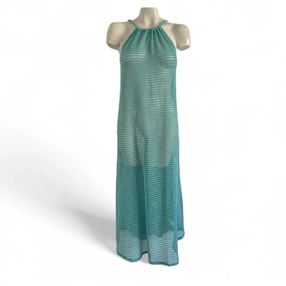 HAUTE HIPPIE GREEN MESH CROCHET DRESS SWIMSUIT BEACH POOL COVER UP COVERUP SZ L - Picture 2 of 7